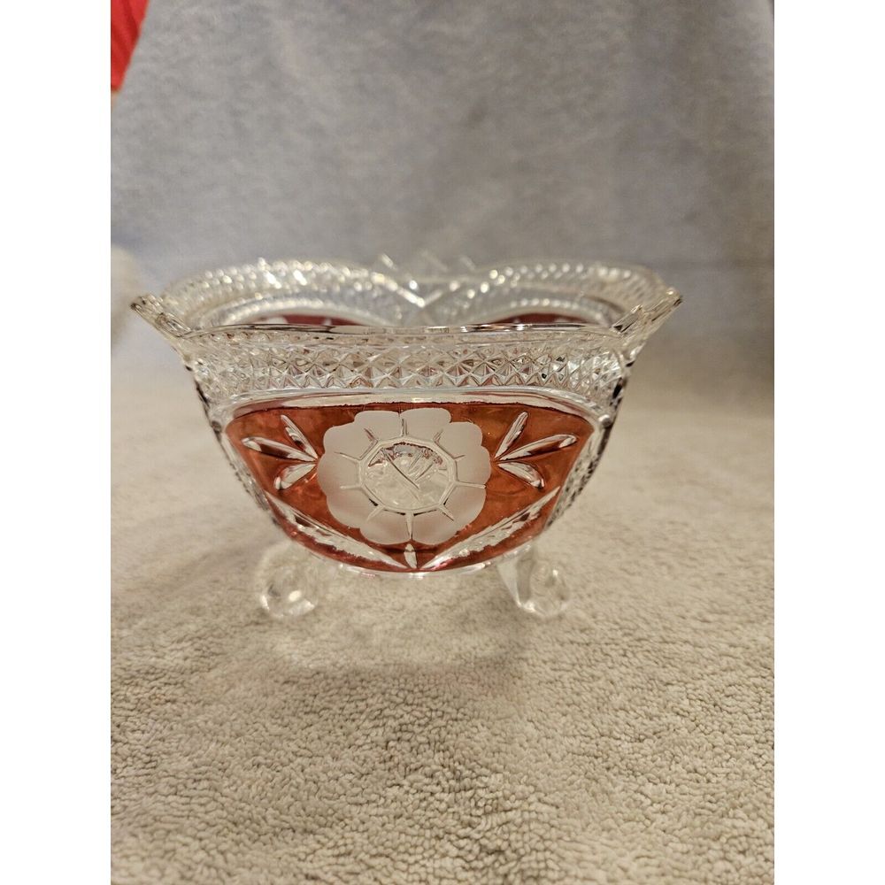 Vintage Anna Hutte Bleikristal Lead Crystal Footed Candy Trinket Dish Ruby Flash